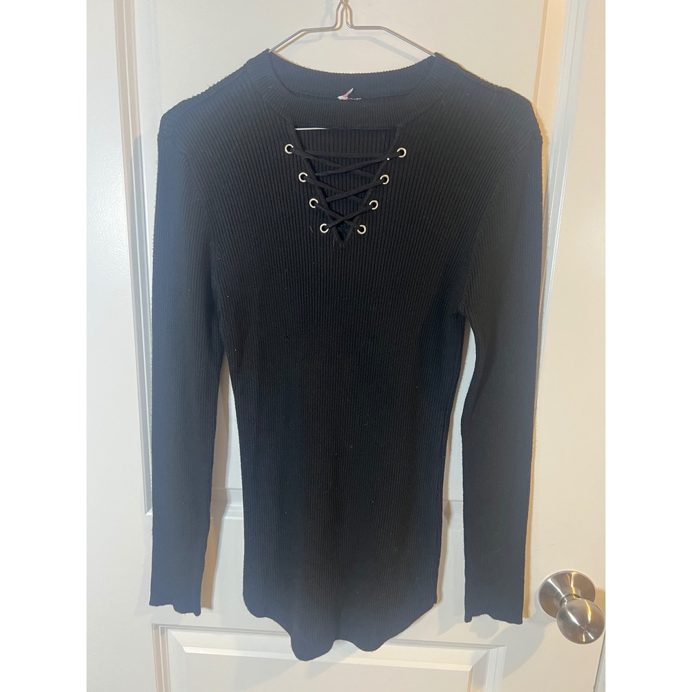 Unbranded Womens Sweater Lace Up Front Ribbed Knit Black Size S M‎